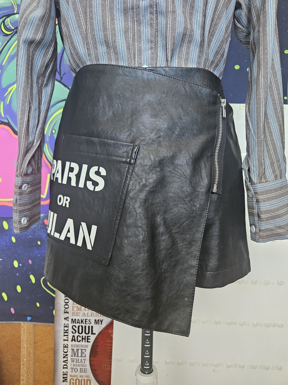 Black Faux Leather Skort with Graphic Pocket